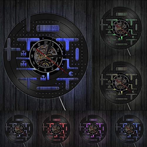 CQAZX Reloj de Pared Vintage de Videojuego Hecho de Disco de Vinilo para habitación de niños Gamer decoración del hogar Juego de Arcade Retro Reloj de Pared silencioso