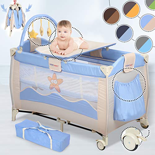 Cuna de Viaje Plegable | para Bebés de 0 a 3 años, Altura Regulable, con Cambiador, Bolsa Transporte, Ruedas, Arco de Juego, 126x66x82cm, Color a Elegir | Cuna Portátil para Bebé (Beige / Azul) Cuna de Viaje Plegable | para Bebés de 0 a 3 años, Altura Regulable, con Cambiador, Bolsa Transporte, Ruedas, Arco de Juego, 126x66x82cm, Color a Elegir | Cuna Portátil para Bebé (Beige / Azul)