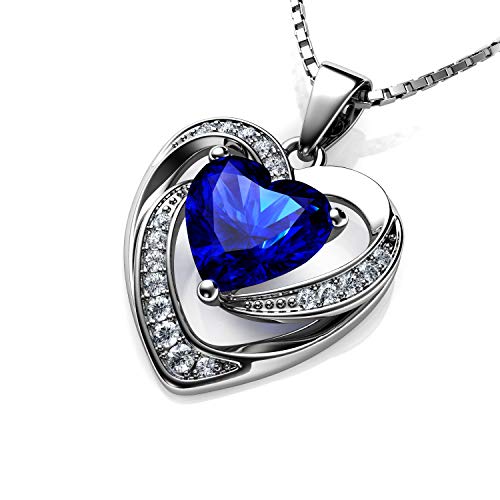 DEPHINI - Collar con colgante de corazón de plata de ley 925 con circonita blanca y piedra natal azul adornada con cristal de Zirconia para mujer