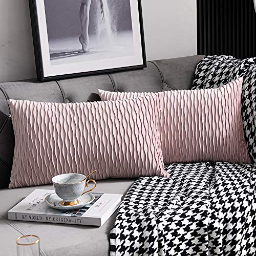 DEZENE Fundas de Cojín Rosa de 30 cm x 50 cm: 2 Fundas de Almohada Decorativas Rectangulares de Terciopelo a Rayas Originales para Sofá de Dormitorio