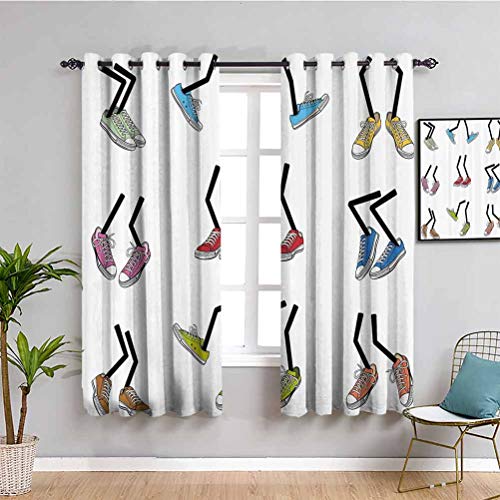 Dibujos animados extra larga cortina estilo cómic caminar pies colorido deporte zapatillas calzado moda gráfico café cortina multicolor ancho 72 x largo 72 pulgadas