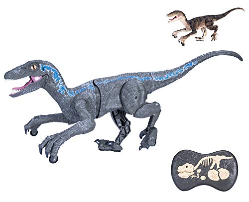 Dinosaurio Teledirigido RC Velociraptor Muy Realista! (Movimiento, Luz y Sonido) Dinosaurio Interactivo Radiocontrol con Mando Control Remoto para Niños | Robot Dinosaurio de Juguetes (Blue)