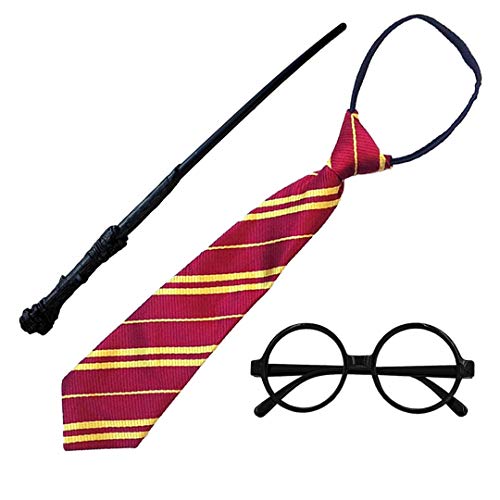 Disfraz de Mago Escolar,Gafas Negro de Marco,Varita mágica y Corbata para Adultos y Niños (Gafas Mago Pack Completo 3)