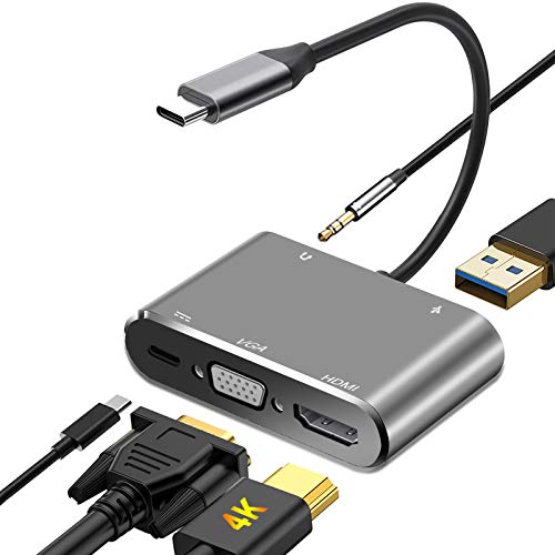 DIWUER USB C a HDMI VGA Adaptador, 5 en 1 Hub Tipo C a HDMI 4K VGA 1080P USB3.0 y PD3.0 Audio Multipuerto Adaptador para Thunderbolt 3/MacBook/Macbook Pro/Huawei/Samsung Otros USB C Dispositivos etc