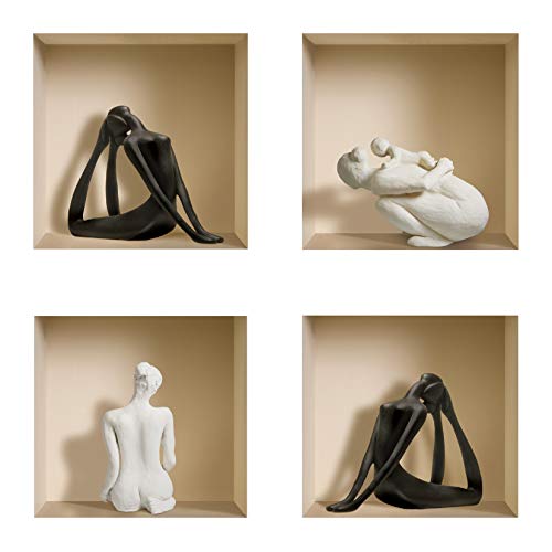 DIY Pegatinas Etiquetas para Pared Desmontables de Vinilo 3D Arte Mágico de Nisha, Conjunto de 4, Yoga negro y esculturas blancas
