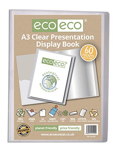 eco-eco Eco102 - Cuaderno de presentación (50% reciclado, 60 bolsillos, transparente y transparente, estuche de almacenamiento, con fundas de plástico, tamaño A3, 50% reciclado)