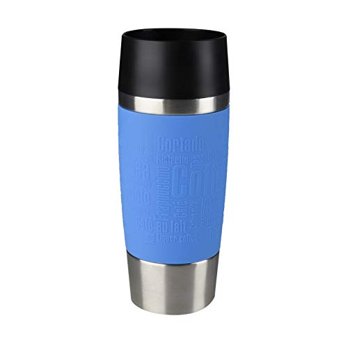 Emsa Travel Mug - Taza térmica de 0.36 l, mantiene calor 4 h y frío 8 h, acero inoxidable con base antideslizante y zona de agarre de silicona con letras grabadas, color azul cielo