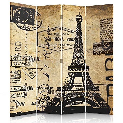 Feeby Frames Biombo Impreso sobre Lona, tabique Decorativo para Habitaciones, a Doble Cara, de 4 Piezas (145x150 cm), Torre Eiffel, Negro, Beige