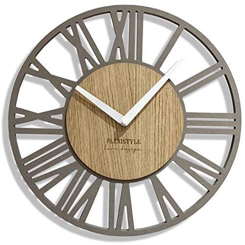 FLEXISTYLE EKO Loft Piccolo - Reloj de pared sin ruido de tictac, 30 cm, para salón, dormitorio, fabricado en la UE, color gris y roble