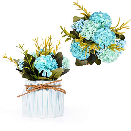 Flores artificiales para decoración de hortensias artificiales con pequeño jarrón de cerámica mini plantas en maceta para bodas, fiestas, oficina, decoración de mesa (azul)