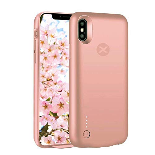 Funda de batería para iPhone X y XS | Baxet Fina y Ultra LUZ | Cubierta de Banco de energía | Batería Extra integrada | hasta 26 Horas de conversación y 22h Internet en más (IP X XS, Oro Rosa)