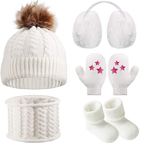 Gorro Bufanda de Invierno de Bebé Orejeras Mitones Calcetines de Niños Pequeños, Conjunto Caliente de Invierno de Bebé 5 Piezas (Blanco)