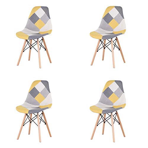 GrandCA HOME Pack de 4 sillas Sillas de Retazos Multicolores en Tela de Lino Sillas de Sala de Estar de Ocio Sillas de Comedor con Respaldo de cojín Suave (Amarillo-4 sillas)