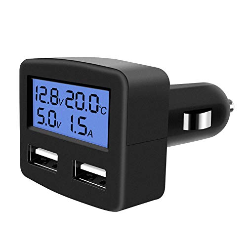 Grneric YGL Cargador de Coche Encendedor de Cigarrillos USB 12V/24V, Adaptador Multifunción 5 en 1 con Medidor de Voltaje/Corriente/Temperatura LCD, para iPhone/iPad/Tableta/Teléfono Inteligente