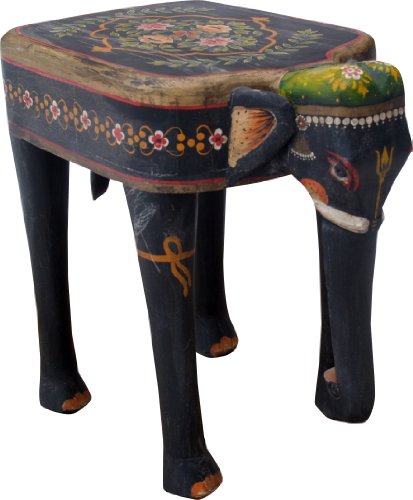 Guru-Shop Taburete Elefante Pintado - Negro, 50x51x34 cm, Muebles de Asiento