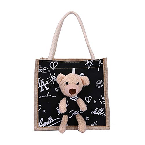 HAOXIU Mini bolsa de regalo de lino y algodón, con oso pequeño, 22 x 20 x 12 cm, ideal para compras y regalos elegantes, color Negro, talla 22*20*12cm/8.66*7.87*4.72"