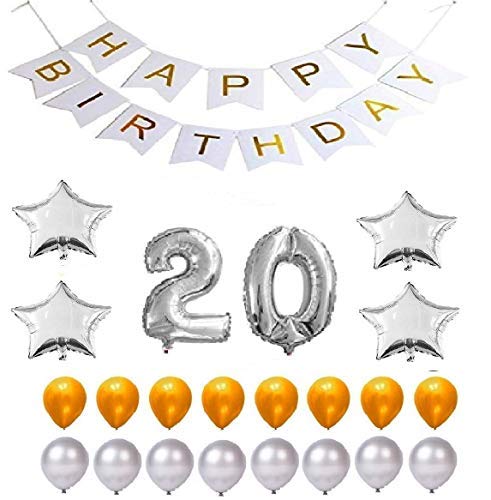Happy Birthday Party Balloons Supplies & Decorations Set (Silver 20 Numerical Number 4 Foil Balloon Stars 25 Gold Latex and 25 Silver Latex Balloon (20 Year)