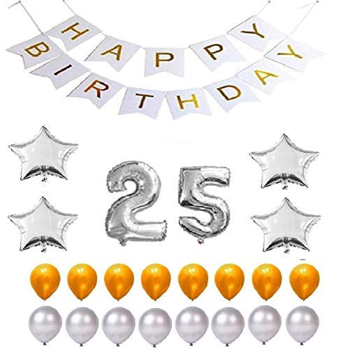 Happy Birthday Party Balloons Supplies & Decorations Set (Silver 25 Numerical Number 4 Foil Balloon Stars 25 Gold Latex and 25 Silver Latex Balloon)