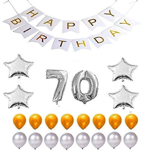 Happy Birthday Party Balloons Supplies & Decorations Set (Silver 70 Numerical Number 4 Foil Balloon Stars 25 Gold Latex and 25 Silver Latex Balloon)