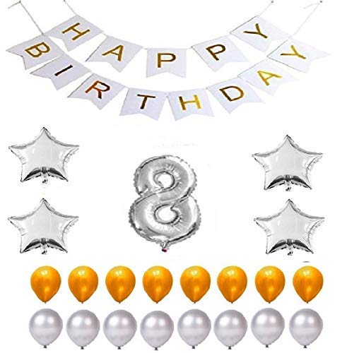 Happy Birthday Party Balloons Supplies & Decorations Set (Silver 8 Numerical Number 4 Foil Balloon Stars 25 Gold Latex and 25 Silver Latex Balloon) Happy Birthday Party Balloons Supplies & Decorations Set (Silver 8 Numerical Number 4 Foil Balloon Stars 25 Gold Latex and 25 Silver Latex Balloon)