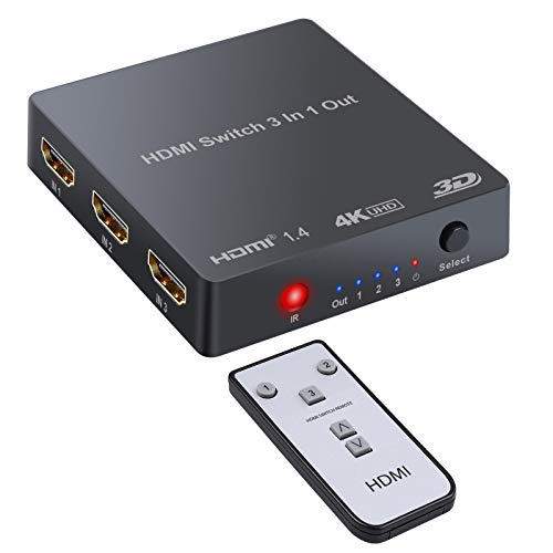 HDMI Switch Conmutador HDMI de 3 Entradas 1 Salida HDMI Switcher con Mando a Distancia IR Soporte 4K 3D con Funcion Pip para BLU-Ray DVD PS3 PS4 TV Box Portátil Proyector HDTV