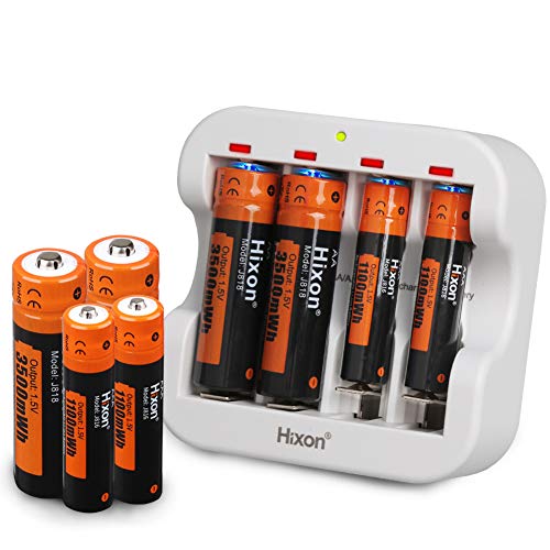 Hixon Pilas Recargables AA y AAA de 1,5 V y Cargador, Paquete de 4 Pilas de Iones de Litio AA de 3500 mWh, Paquete de 4 Pilas AAA de 1100 mWh con Carga rápida