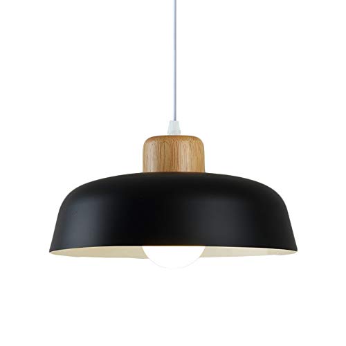 HJXDtech Luz Colgante de Metal Redonda Simple Moderna nórdica,Lámpara de Techo Grande con Acabado de Madera E27 para salón de Dormitorio de Cocina (Negro)