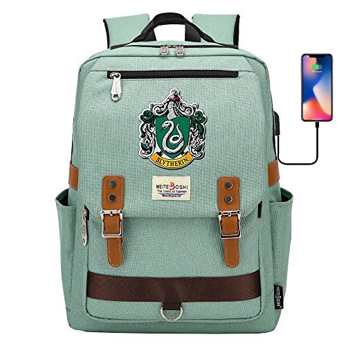 Hogwarts Slytherin College Mochila, Harry Potter Laptop School Bag, con Puerto de Carga USB, Bolso de Mochila de Viaje de Ocio 42 * 30 * 16CM Verde
