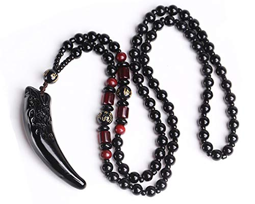Htulip Collar Obsidiana con Colgante Diente de Lobo Vintage Amuleto Colgante Collar para Hombres Mujeres