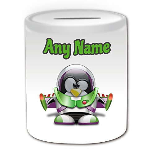 Hucha personalizable con diseño de un pingüino disfrazado de Buzz Lightyear de Toy Story 