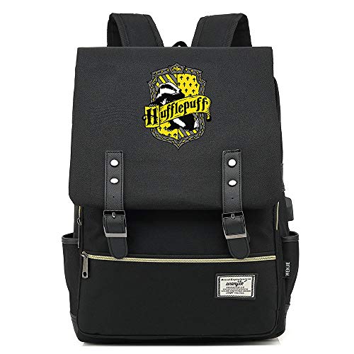 Hufflepuff Bolsa de la Escuela, Harry Potter Mochila portátil Mochila Bolsa con Puerto de Carga USB Unisex Negro