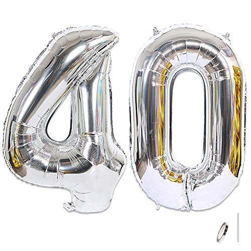 Huture 2 Globos Número 40 Figuras Globo Inflable de Helio Globos Grandes de Aluminio Mylar Globos de Plata Gigantes Número Globos 40 Pulgadas para Fiesta de Cumpleaños decoración graduación XXL 100cm