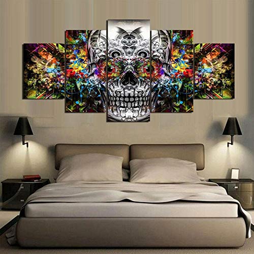 IKDBMUE Cuadro en Lienzo Calavera Arcoiris 100 X 55 - Impresión de 5 Piezas Tejido Impresión Artística Imagen Gráfica Decoracion de Pared Paisaje