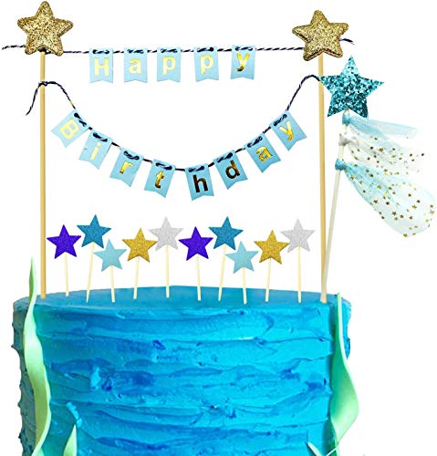 iZoeL Decoraciones para tartas azules, decoración para tartas de feliz cumpleaños, decoración de magdalenas con estrella dorada azul para niño o niña, cumpleaños, baby shower, fiesta (azul)