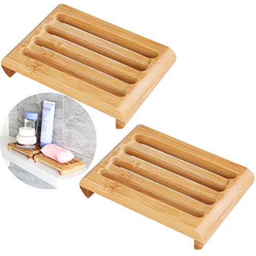 Jabonera Para Lavabo De Baño De Madera Bambú 2 Piezas Ducha De Madera De Plato De Jabón Bambú Natural Ducha / Bañera De Plato De Jabón Para Colocación De Productos De Baño Como Jabón y Bolas De Baño