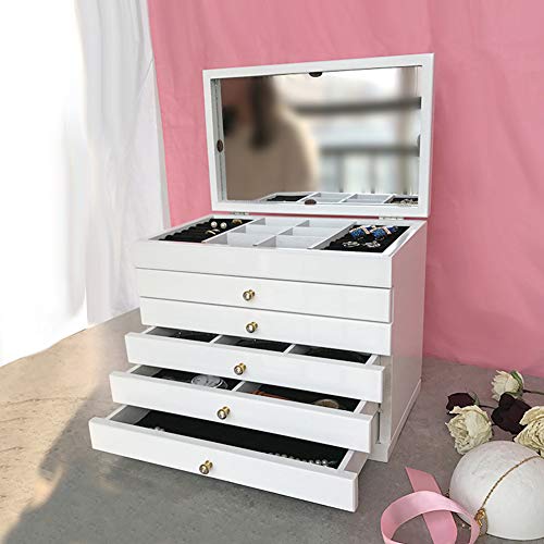Joyero, Caja de joyería con 6 Niveles, joyero Grande de Cuero sintético, con Espejo, 30 x 19 cm, Blanco,Blanco Joyero, Caja de joyería con 6 Niveles, joyero Grande de Cuero sintético, con Espejo, 30 x 19 cm, Blanco,Blanco