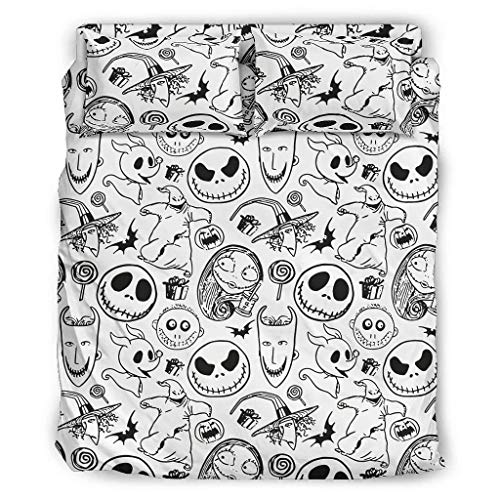 Juego de cama de cuatro piezas impreso Jack Face Pesadilla antes de Navidad Halloween Juego de funda de edredón completo sábana multicolor Navidad funda de edredón blanco 240 x 264 cm