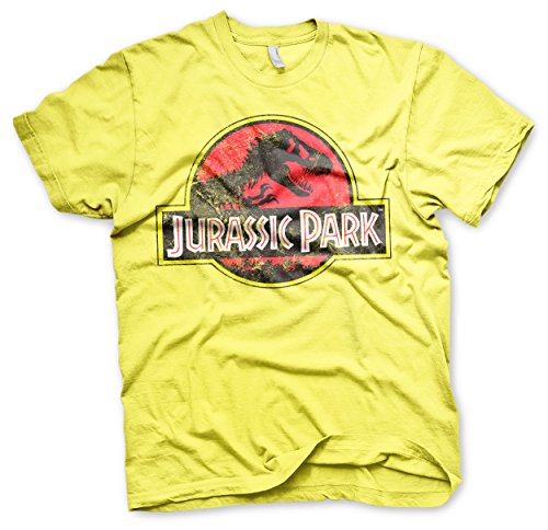 Jurassic Park Oficialmente Licenciado Distressed Logo Hombre Camiseta (Amarillo), Large