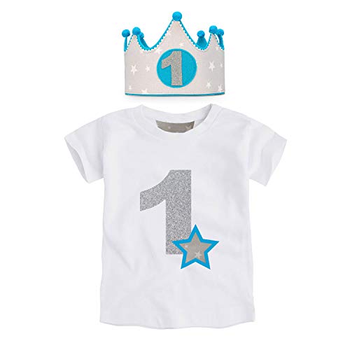 Kembilove Corona de Primer Cumpleaños con Camiseta – Adorable Conjunto de Cumpleaños de 1 Año para Niños y Niñas – Corona Ajustable Ideal para Fiestas de Cumpleaños Estrellas Gris-Azul