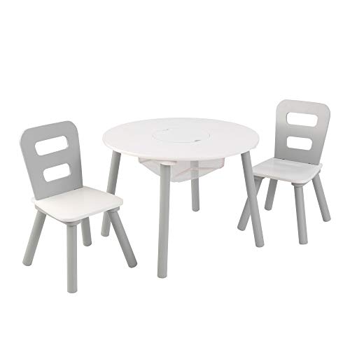 KidKraft 26166 Juego de mesa infantil redonda con almacenamiento y 2 sillas de madera: gris y blanco