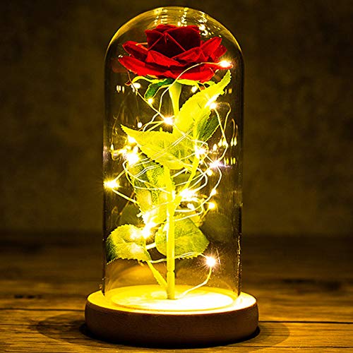 Kit de Rosas La Bella y La Bestia Rosa Encantada Rosa Eterna Rosa Rojas y Luz LED en Cúpula de Cristal en Base de Madera Regalo para Día de San Valentín Día de la Madre Aniversario Bodas Cumpleaños