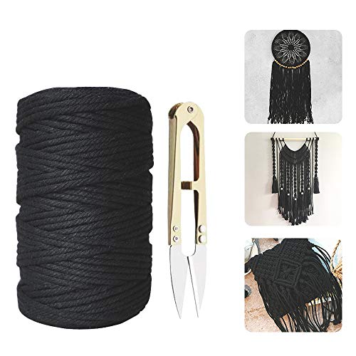 koitoy Cuerda de macramé de 3 mm, hilo de algodón natural, para manualidades, para hacer punto, para principiantes, colgar de pared, para colgar plantas, manualidades, regalos (3 mm, 100 m, negro)