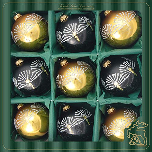 Krebs Glas Lauscha - Decoración para árbol de Navidad de cristal - Juego de bolas de Navidad con 9 bolas y diferentes decoraciones - Decoración para árbol de Navidad (negro/dorado)
