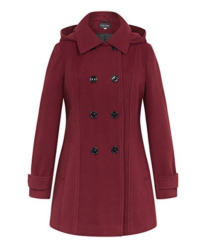 LA CREMA - mujer chaqueta de invierno mujer Tacto Lana doble botonadura abrigo con capucha - Vino, UK 24/EU 50/US 22