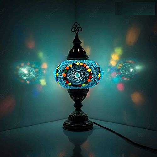 Lámpara de mesa de escritorio de estilo marroquí turco, multicolor, base de bronce, globo grande de luz única (Turqoise)