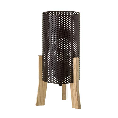 Lámpara de mesita de noche cilíndrica nórdica de metal y madera negro de 29x14x14 cm