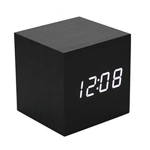 Lancoon Reloj De Alarma De Madera - Reloj Digital Mini Cubo con Pantalla De Hora/Fecha/Temperatura, 3 Niveles De Brillo Y Control De Voz Ideal para Viajes A La Oficina En El Hogar - AC10Black_White