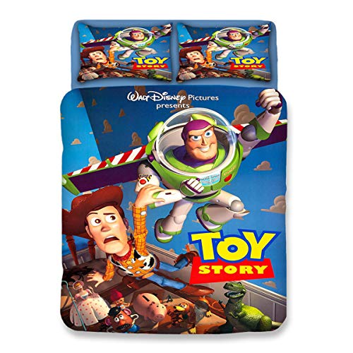 Leezeshaw Juego de funda de edredón infantil de 3 piezas, diseño de Toy Story 3D, Woody Buzz Lightyear Rex con dos fundas de almohada (sin edredón)