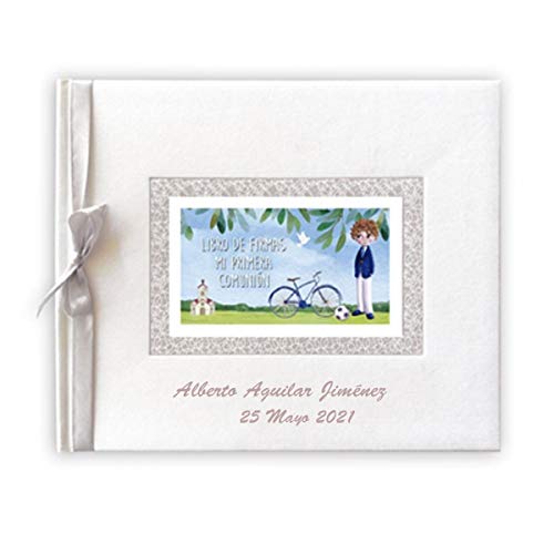 Libro de firmas para comunión color blanco con espiga PERSONALIZADO con grabado en la portada de nombre y fecha (niño bicicleta) Libro de firmas para comunión color blanco con espiga PERSONALIZADO con grabado en la portada de nombre y fecha (niño bicicleta)