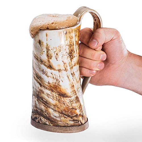 Loop Cuerno para Beber la Taza de Cerveza Jarra de Cerveza con Base de Madera - Genuino Artesanal Vikings Original Cuerno Taza de la Taza de Mead, ale y Cerveza - (Acabado Natural, 750 ml | 25 oz)